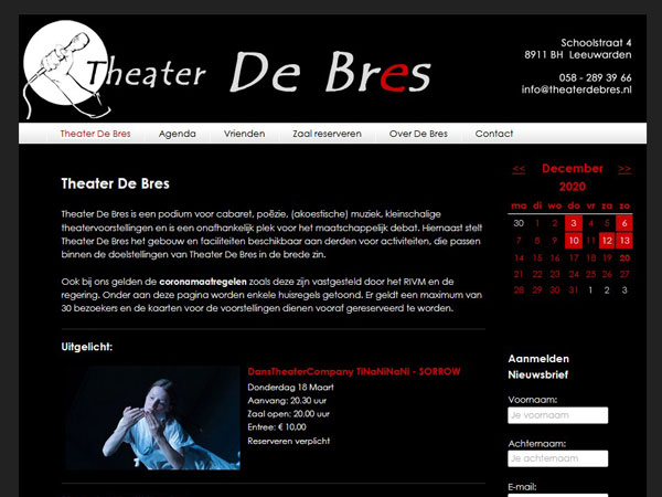 screenshot van de website van https://theaterdebres.nl